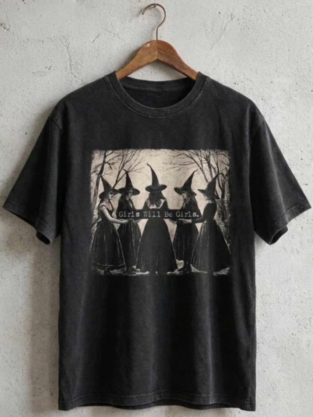 Black Graphic Tee with Vintage Witch Illustration